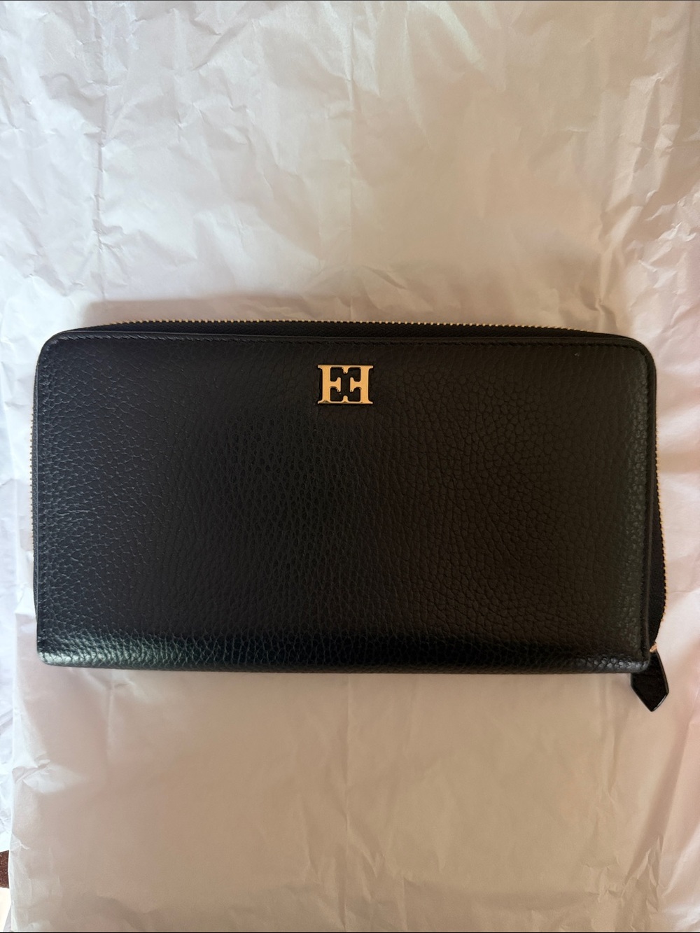 Escada Black Leather Zip-Around Wallet with Gold Logo